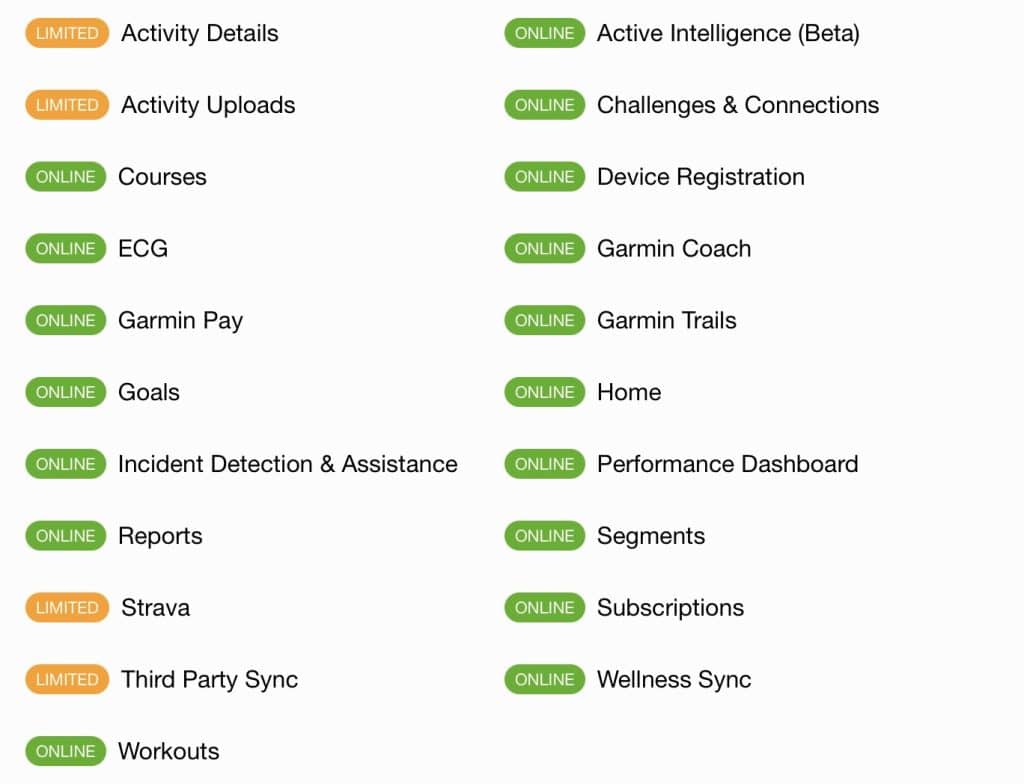 Garmin status page