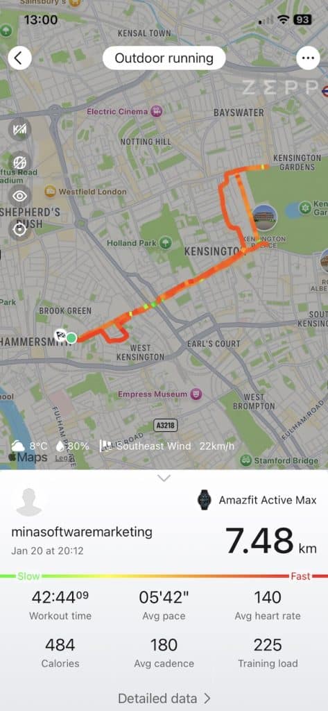 Amazfit Active Max run data