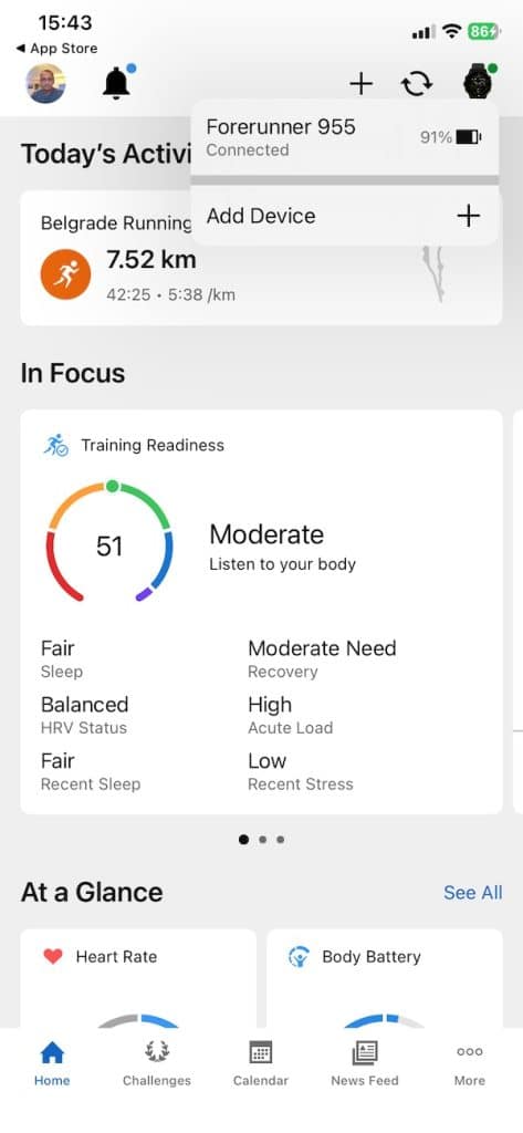 Garmin Connect battery status