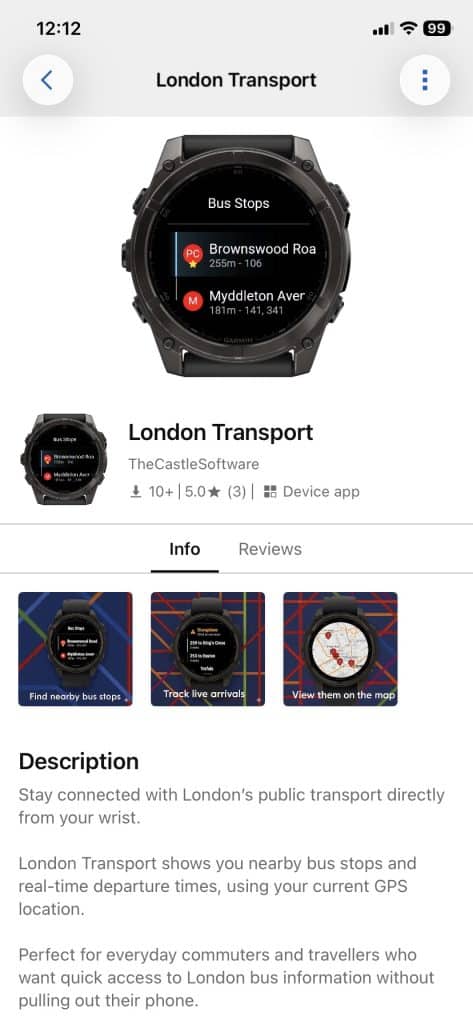 Garmin London Bus times app