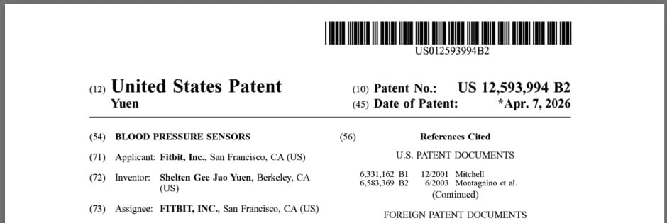 Fitbit Blood Pressure patent