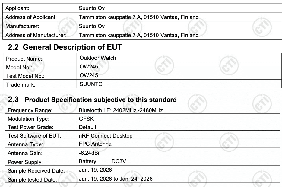 Suunto Core 2 FCC info