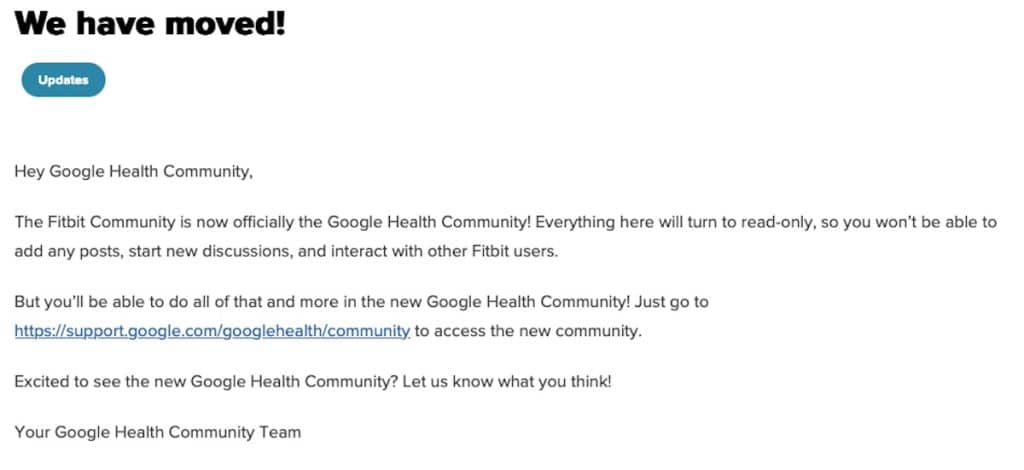 Fitbit to Google transfer message