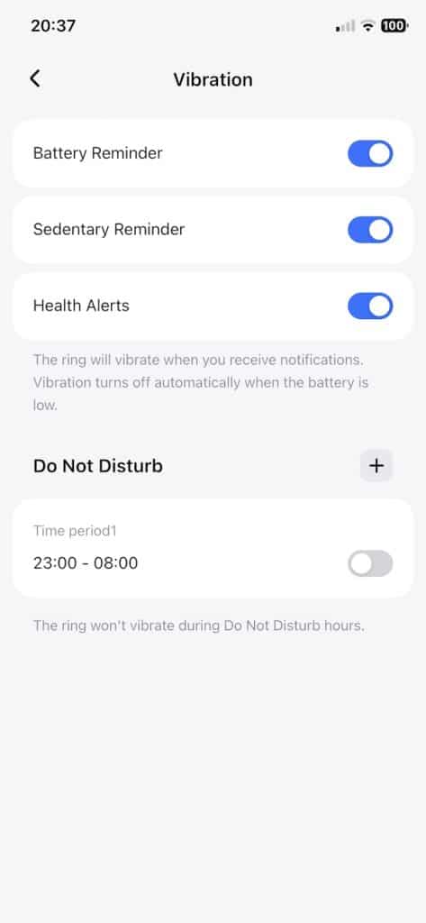 RingConn Gen 3 vibration settings