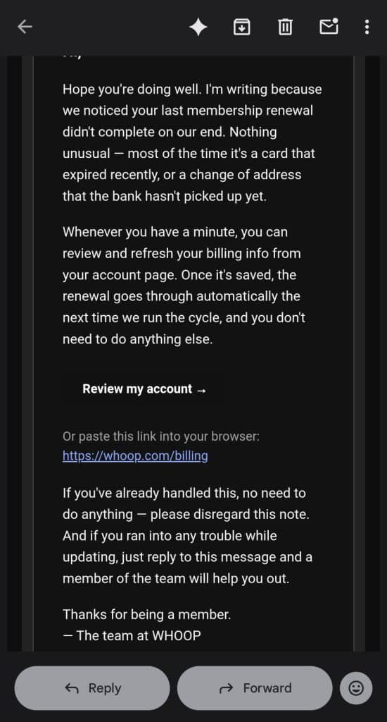 Whoop phishing email