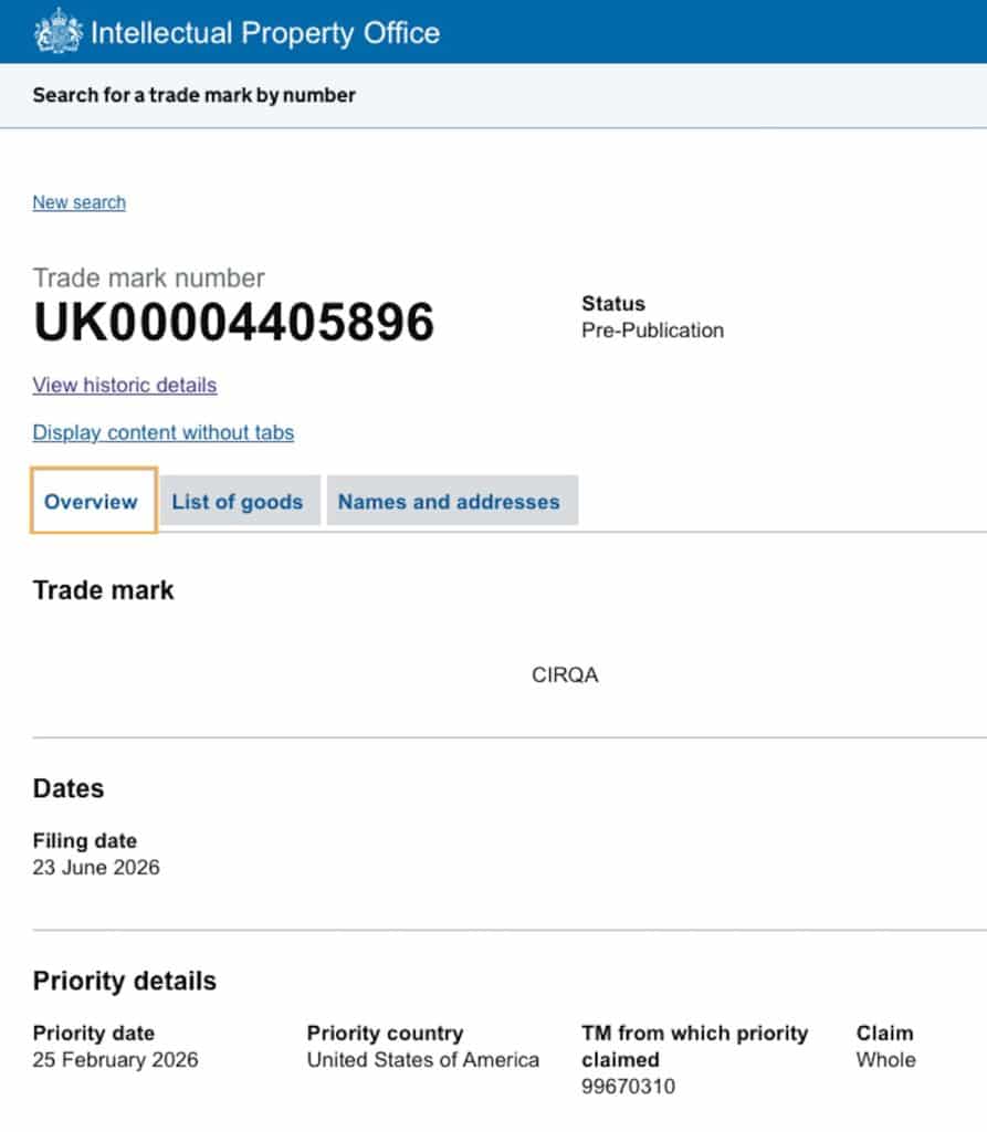 CIRQA UK Trademark
