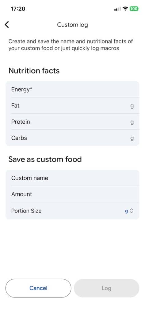 Custom foods screen choose in Google Health app 2
