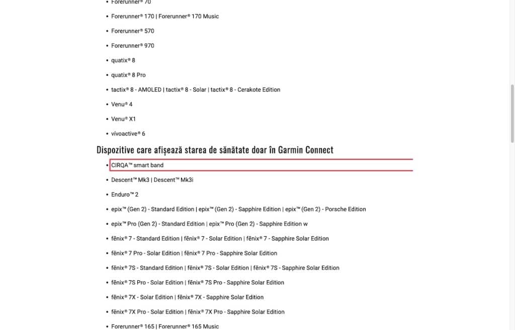 Garmin Cirqa support health status