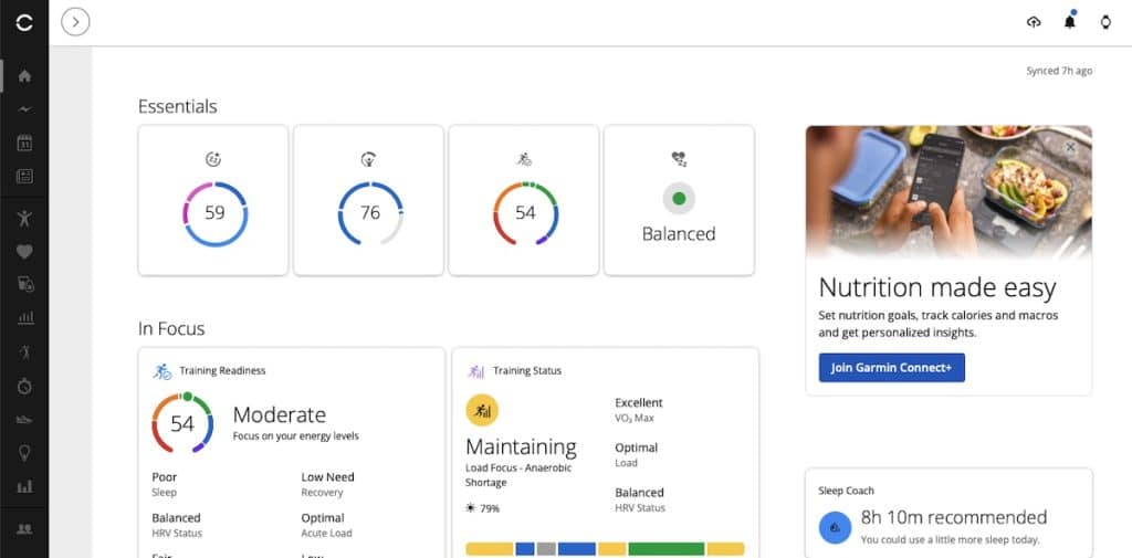 Garmin Essentials in web dashboard