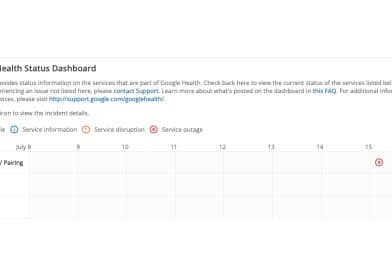 Google Health Outage dashboard