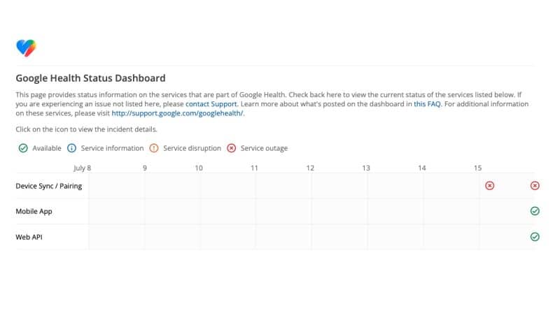 Google Health Outage dashboard