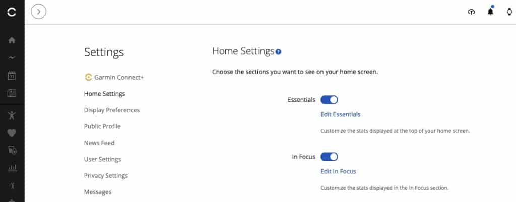 How to switch on Garmin essentials in web dashboard