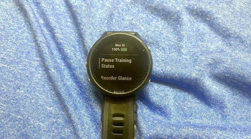 Garmin watch with Pause Training Status option on display