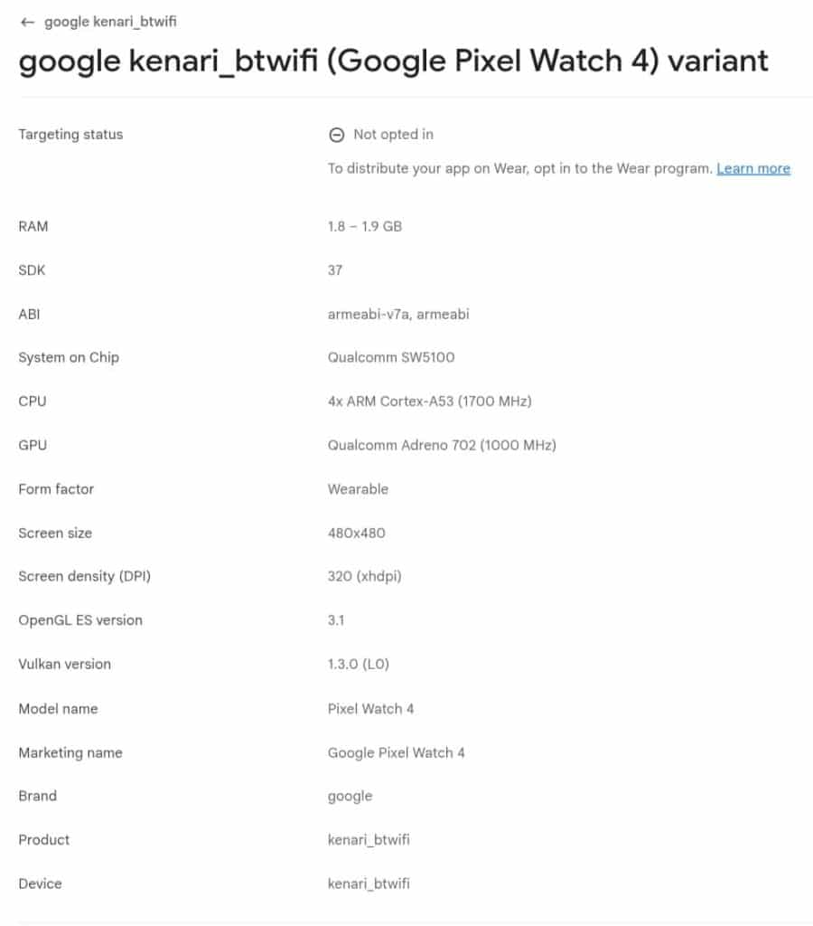 Google Pixel Watch 4 specs