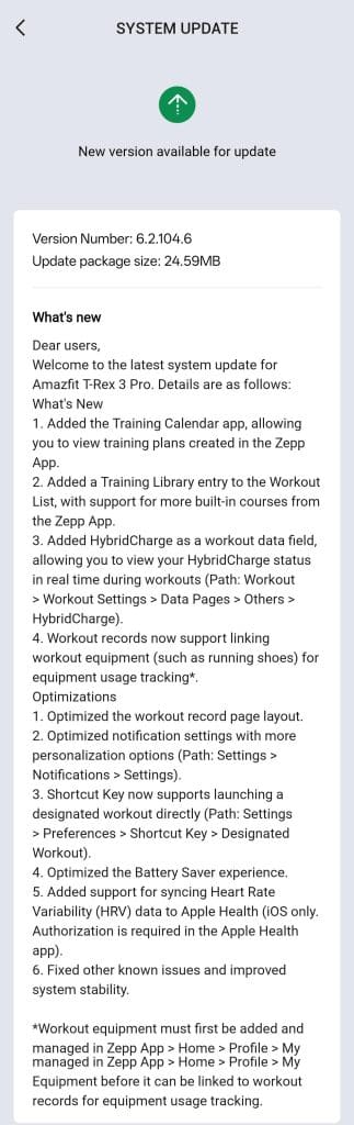 T-Rex 3 changelog Zepp OS 6 update