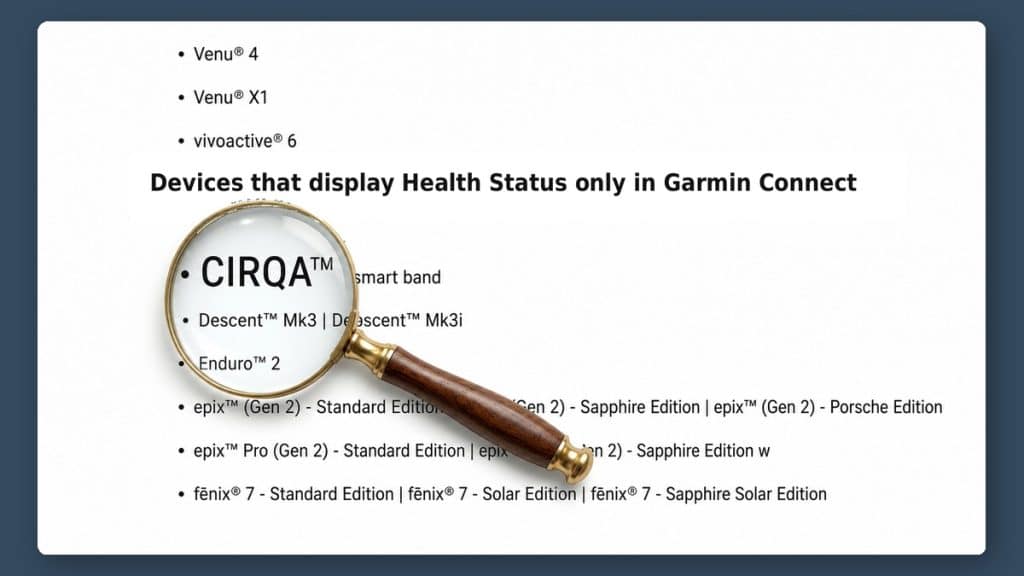 Garmin support page listing CIRQA smart band among devices that show Health Status only in Garmin Connect