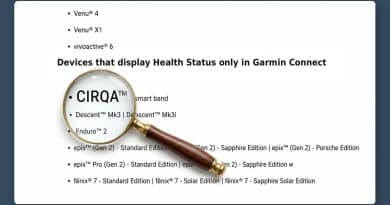Garmin support page listing CIRQA smart band among devices that show Health Status only in Garmin Connect