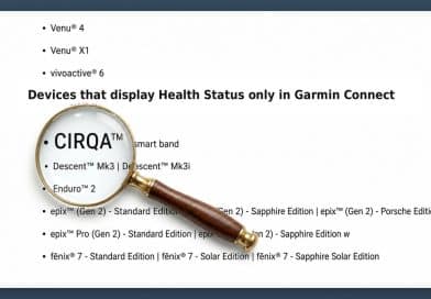 Garmin support page listing CIRQA smart band among devices that show Health Status only in Garmin Connect