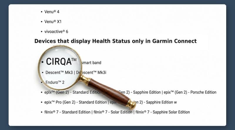 Garmin support page listing CIRQA smart band among devices that show Health Status only in Garmin Connect