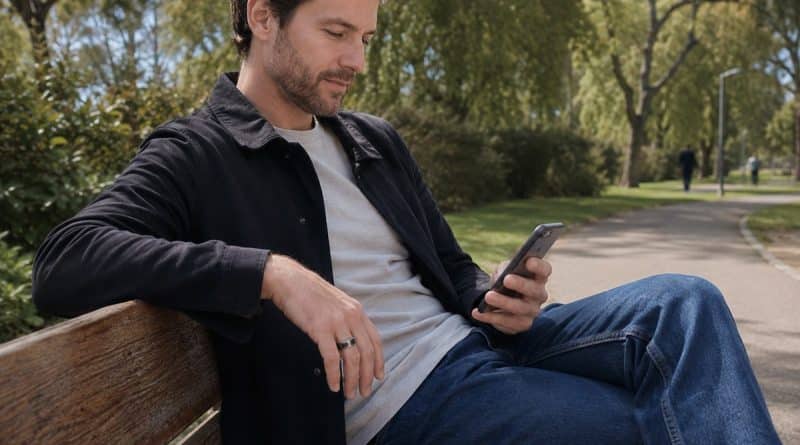 Smart ring person sitting on park bench