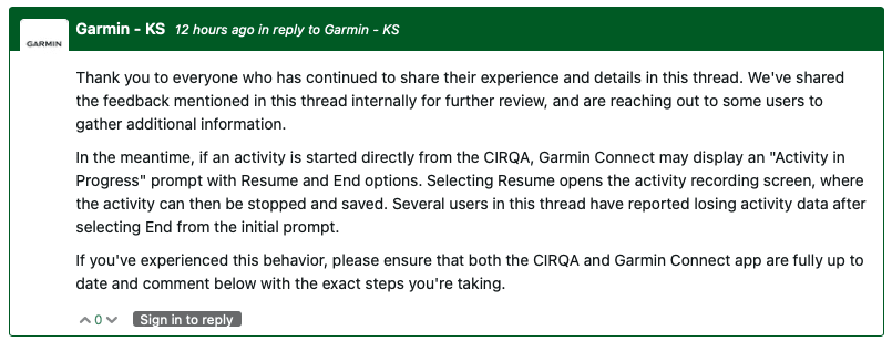 Garmin investigating CIRQA issue