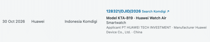 Huawei Watch Air regulatory listing