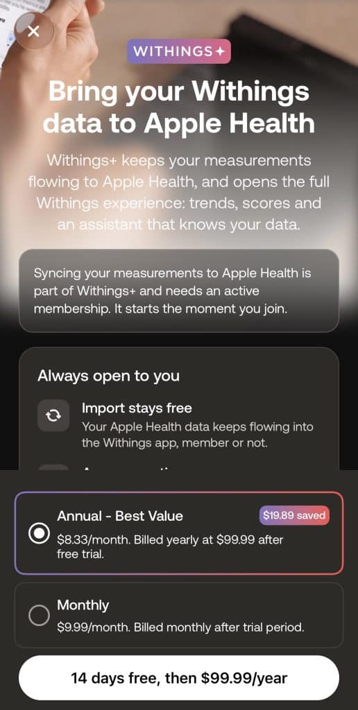 Withings subscription notice